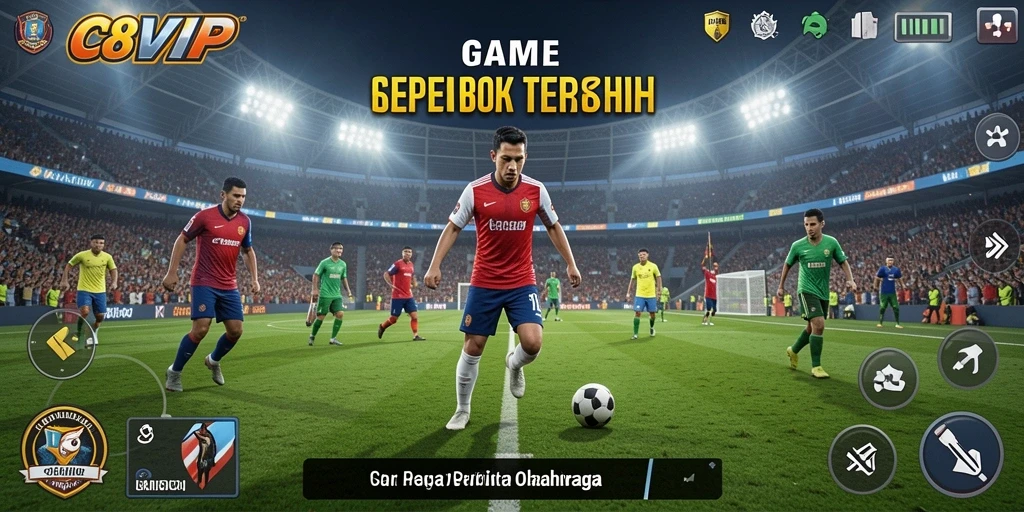 Screenshot gameplay C8VIP menampilkan aksi mendebarkan di lapangan sepak bola.