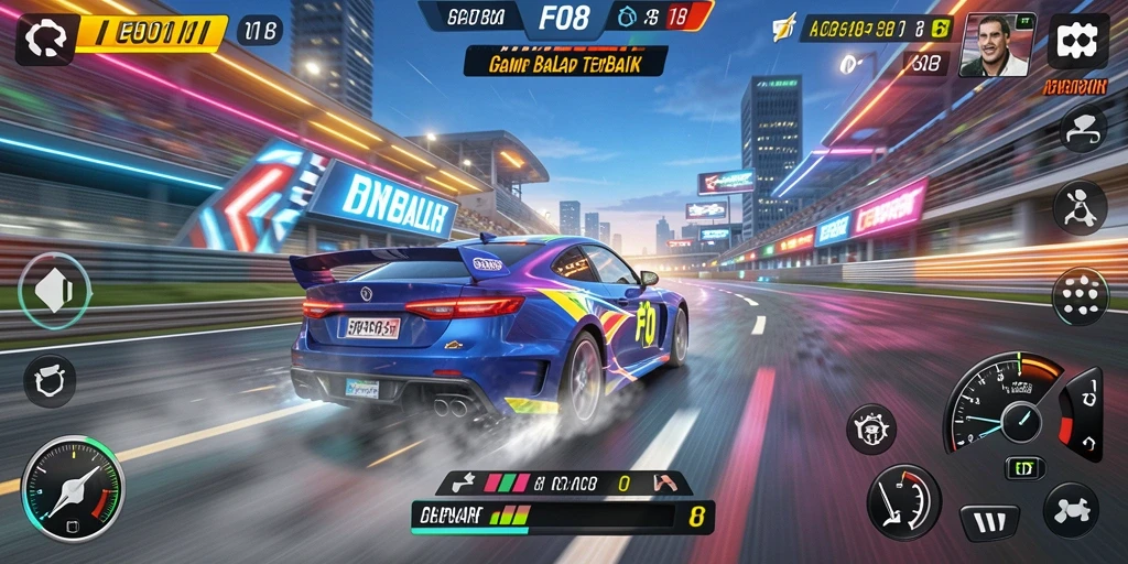 Tangkapan layar gameplay FO8 yang menampilkan aksi balap yang mengasyikkan.