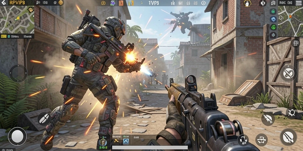 Screenshot gameplay RPVIP8 menampilkan pertempuran TPS yang mendebarkan.