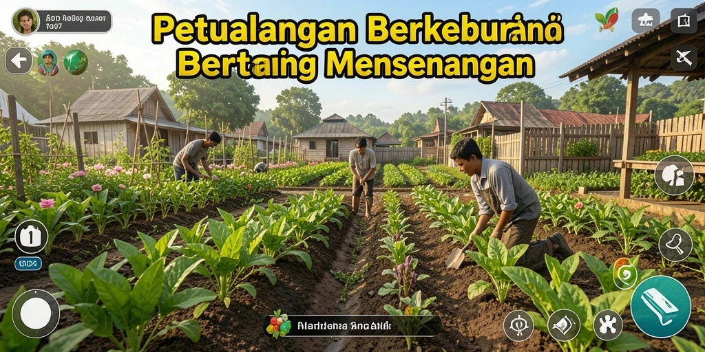 Screenshot gameplay SD107 menunjukkan lahan pertanian yang rimbun dan hewan peliharaan yang lucu.