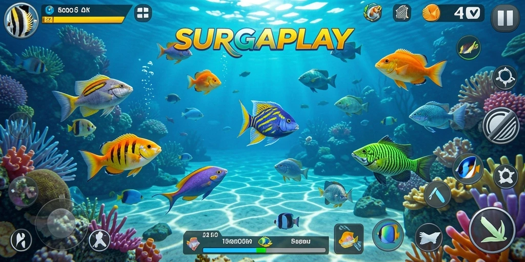 Tangkapan layar gameplay SURGAPLAY yang menampilkan aksi menangkap ikan.